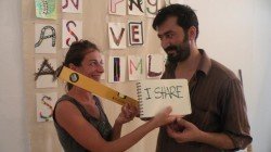 Ladre Erdal Rezes and Emanuela sharing a spirit level (hope this is the right word for it) during the set up of Canakkale Biennial
